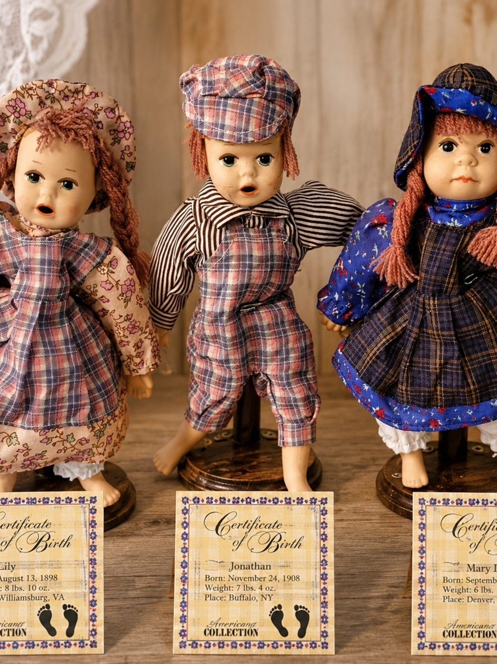 Vintage Americana Collection Porcelain Doll Set of 3 with Stands & Certificates